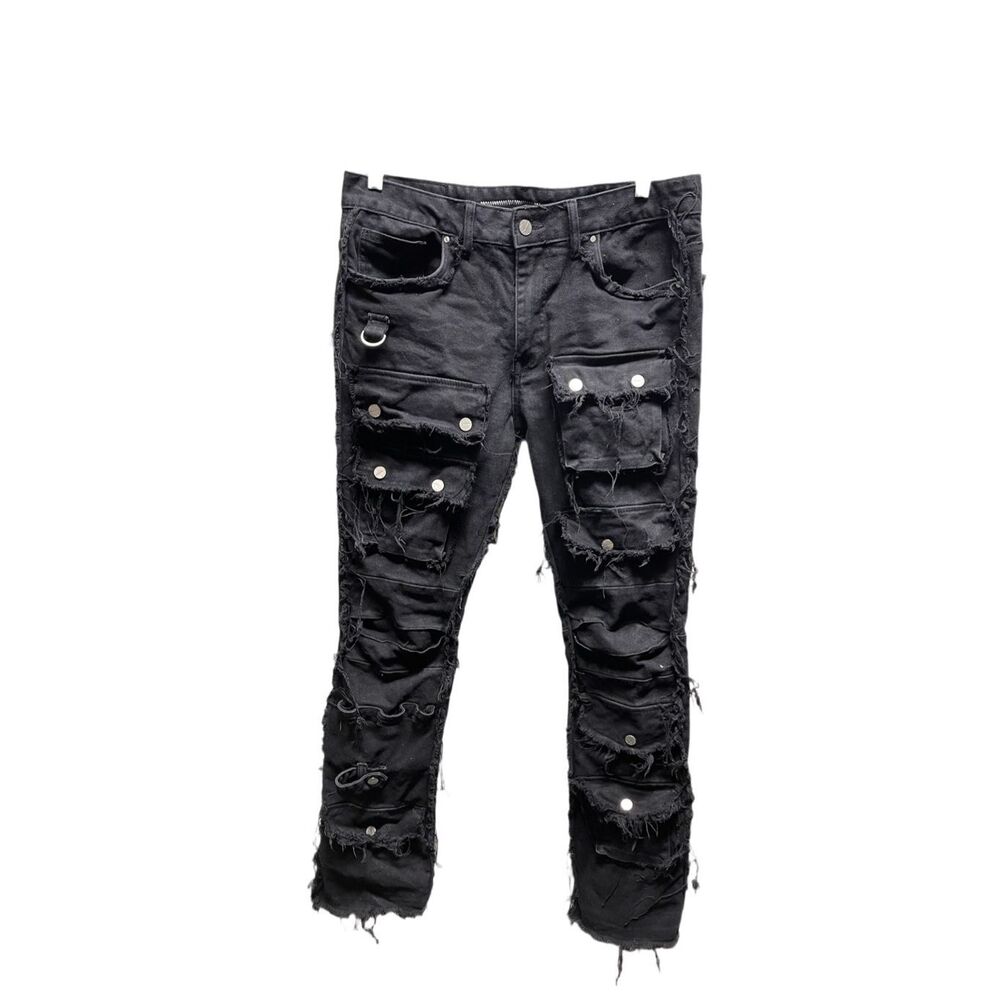 Politics jet black shredded 36X34 straight leg jeans.